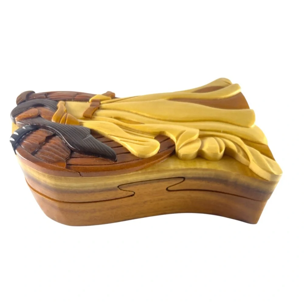 Vintage Hand Carved Wooden Christmas Angel Puzzle‎ Trinket Box Hidden Secre